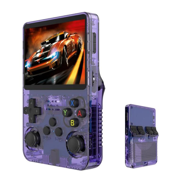 a purple gaming device with a screen and buttons