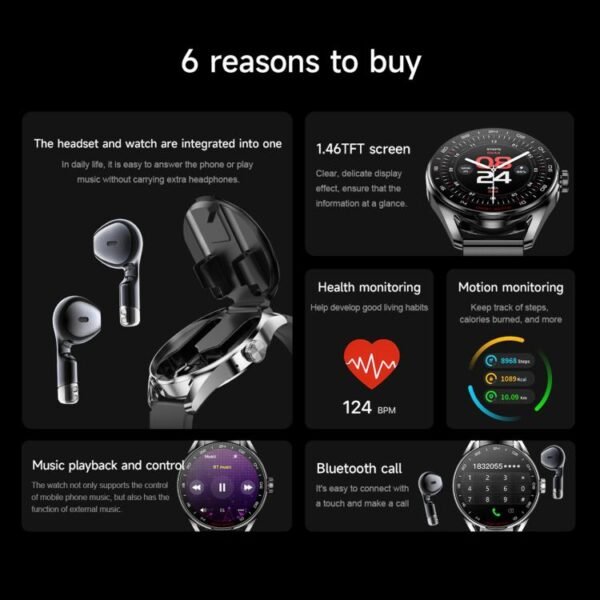 D9 1.46 inch 2 in 1 Bluetooth Earphone Smart Watch, Support Bluetooth Call / NFC / Heart Rate, D9 (Silver), D9 (Black) - Image 3