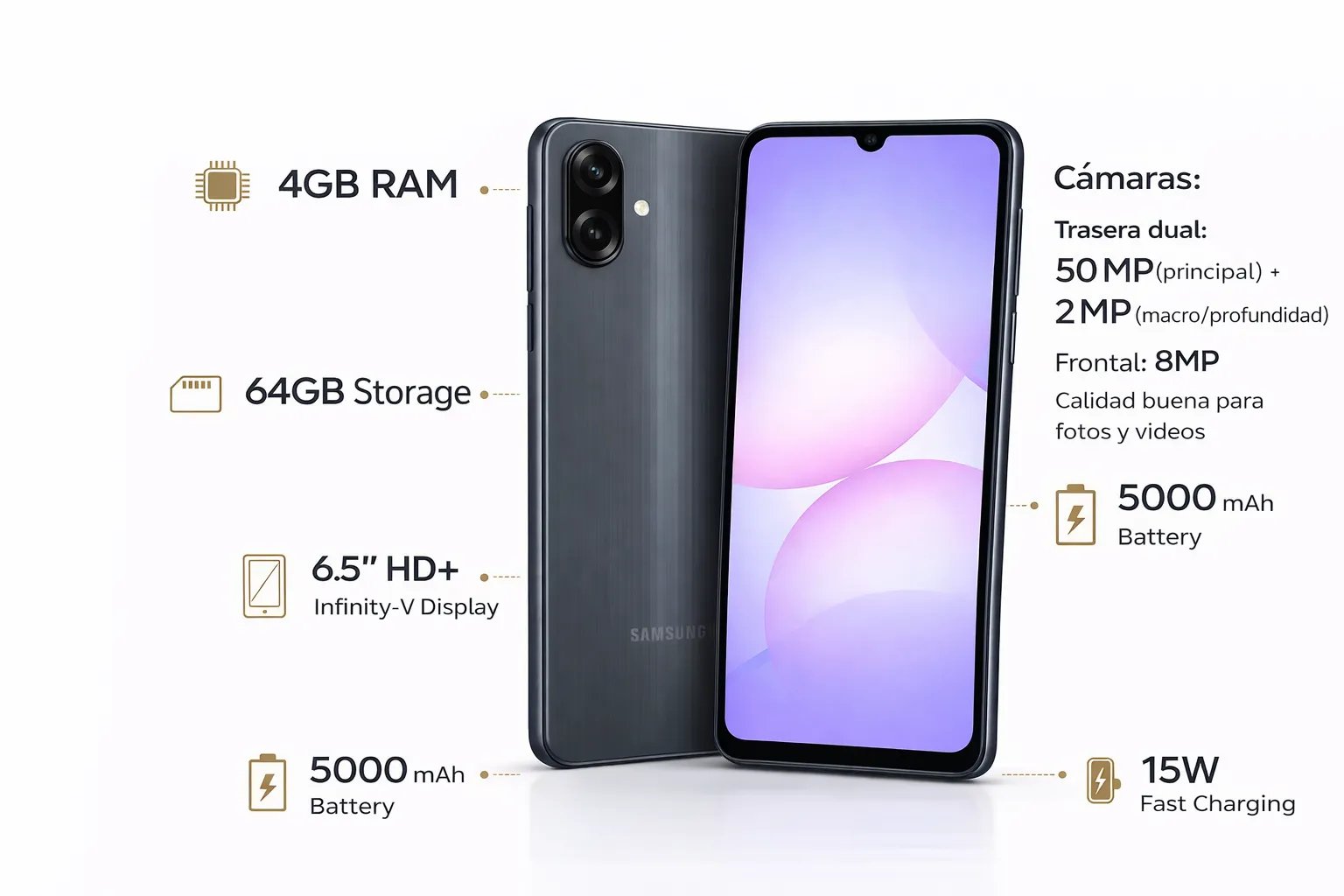 Samsung Galaxy A07 – 4GB RAM 64GB almacenamiento | Smartphone potente % Samsung Galaxy A07 4GB 64GB frontal