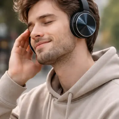 Auriculares Stima 220 Super Bass en color negro con diseño metálico brillante, presentados sobre fondo oscuro elegante que resalta el acabado premium y los detalles circulares de los auriculares