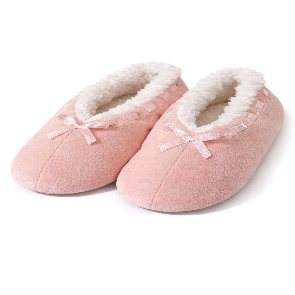 Zapatillas de casa rosas con forro de felpa blanca y lazo decorativo