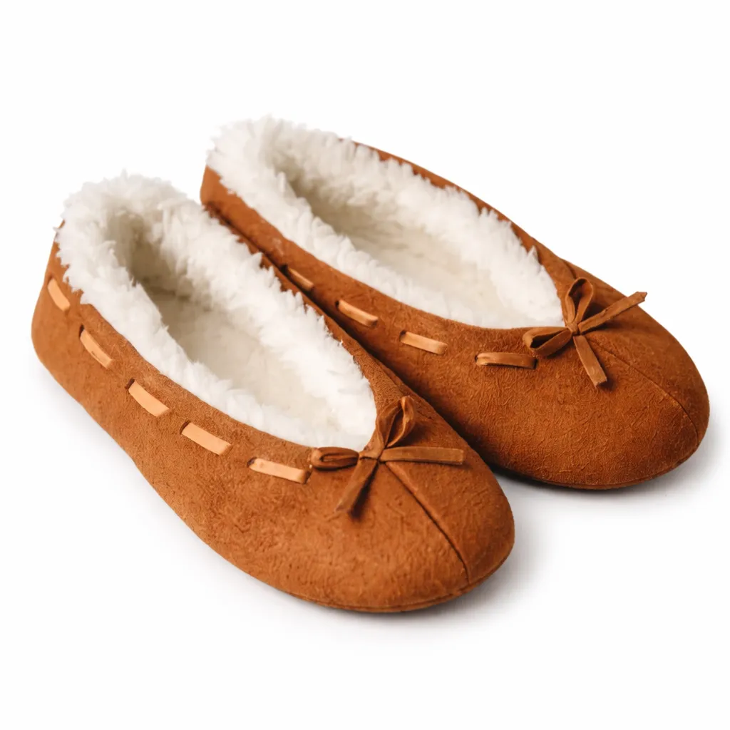 Zapatillas de casa marrón camel con forro de felpa blanca y lazo decorativo