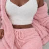 3pcs Womens Clothing Long Sleeve Crop Tank Top And Drawstring Shorts Pajama Set - Rosa