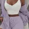 3pcs Womens Clothing Long Sleeve Crop Tank Top And Drawstring Shorts Pajama Set - Violeta
