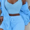 3pcs Womens Clothing Long Sleeve Crop Tank Top And Drawstring Shorts Pajama Set - Azul