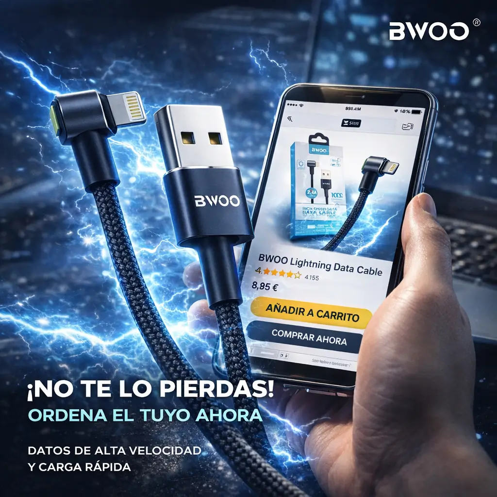 Cable Lightning 2.4A Carga Rápida 90° Nylon Trenzado BWOO 1m %