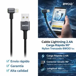 Cable Lightning 2.4A Carga Rápida 90° Nylon Trenzado BWOO 1m Hover Image