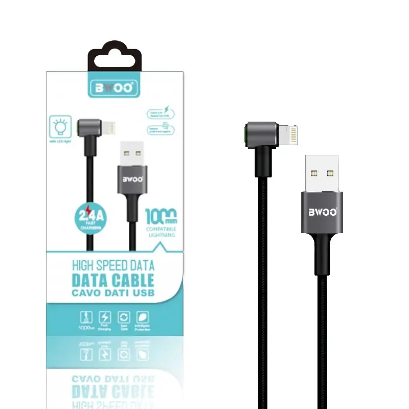 Cable Lightning 2.4A Carga Rápida 90° Nylon Trenzado BWOO 1m % Cable Lightning 2.4A Carga Rápida 90° Nylon Trenzado BWOO 1m