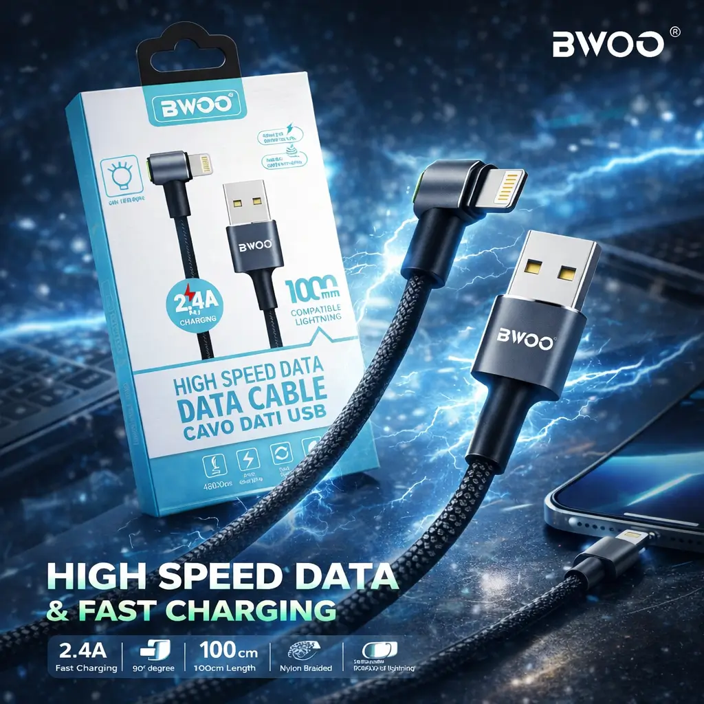 Cable Lightning 2.4A Carga Rápida 90° Nylon Trenzado BWOO 1m % Cable Lightning 2.4A Carga Rápida 90° Nylon Trenzado BWOO 1m - Imagen 3