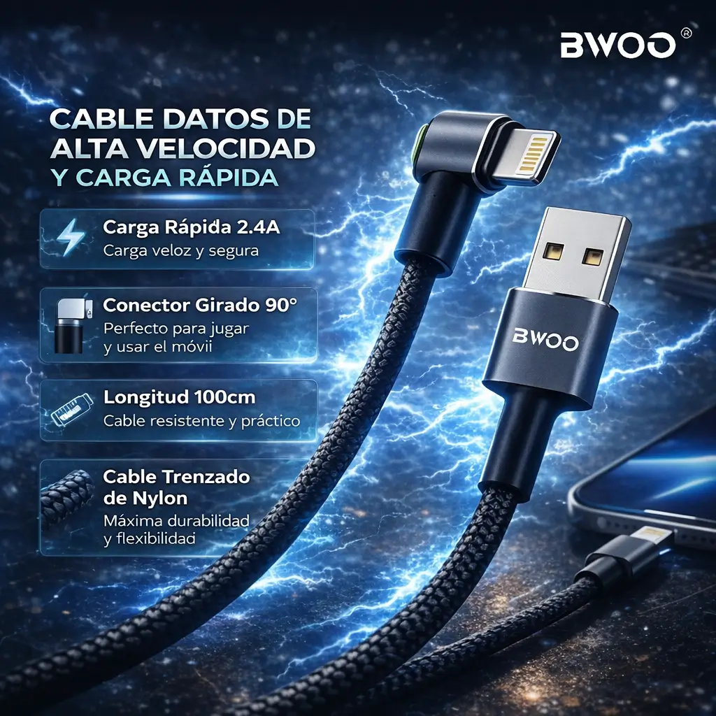 Cable Lightning 2.4A Carga Rápida 90° Nylon Trenzado BWOO 1m %
