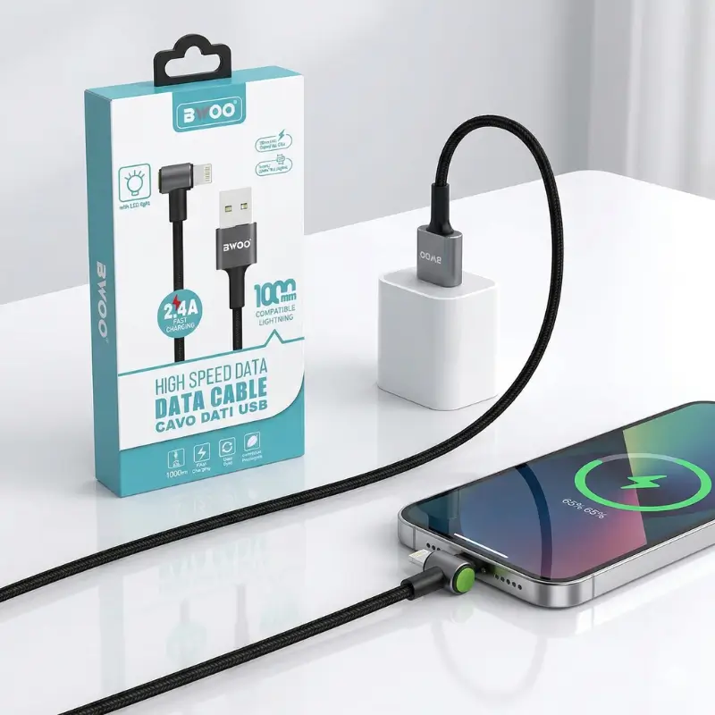 Cable Lightning 2.4A Carga Rápida 90° Nylon Trenzado BWOO 1m %