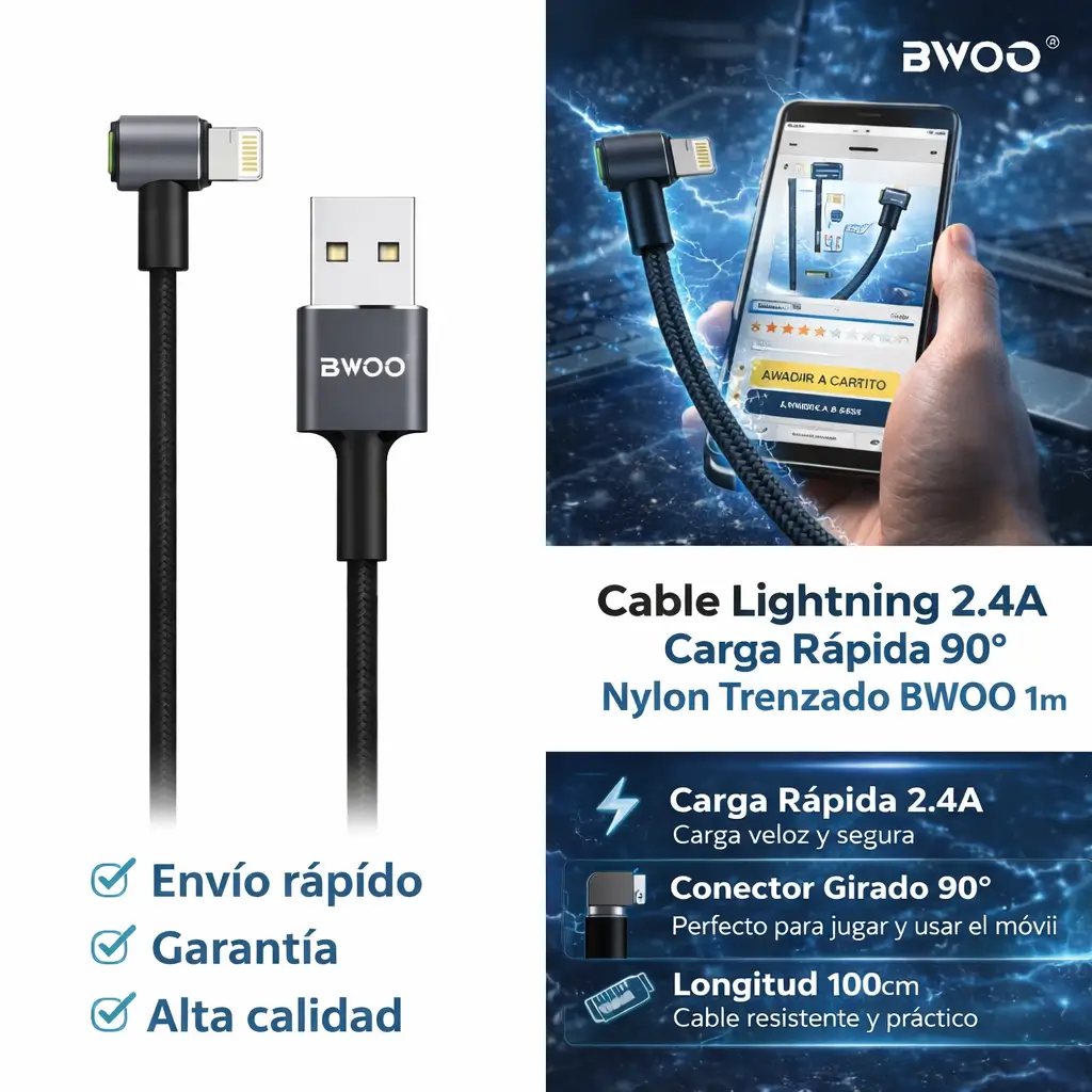 Cable Lightning 2.4A Carga Rápida 90° Nylon Trenzado BWOO 1m % Cable Lightning 2.4A Carga Rápida 90° Nylon