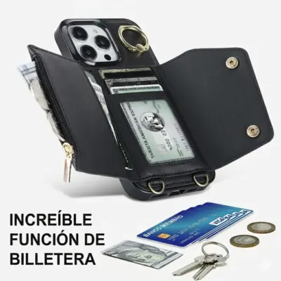 funda cartera con correa iphone 16 pro negra